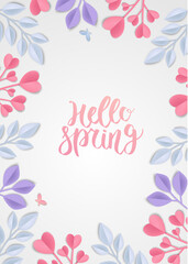 Paper art, Spring flowers on a white background with leaves cut of paper.