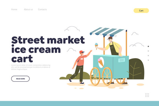 Street market ice cream cart concept of landing page with little boy buy ice cream at outdoor kiosk