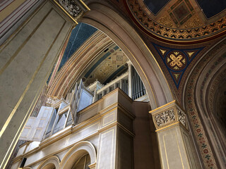 Oppulent Bavarian Byzantine Basilica interior style architecture inside Roman Catholic church or...