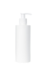 empty white plastic pump bottle for cosmetics on white background. Isolated and mockup