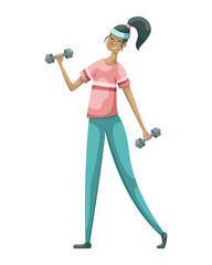 Vector illustration of a girl in a sports uniform with dumbbells. Training.