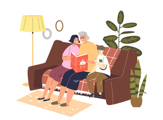 Grandmother reading fairytale to kids. Two children sitting on sofa with grandmother reading book