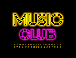 Vector bright flyer Music Club. Creative glowing Font. Yellow Neon Alphabet Letters and Numbers set