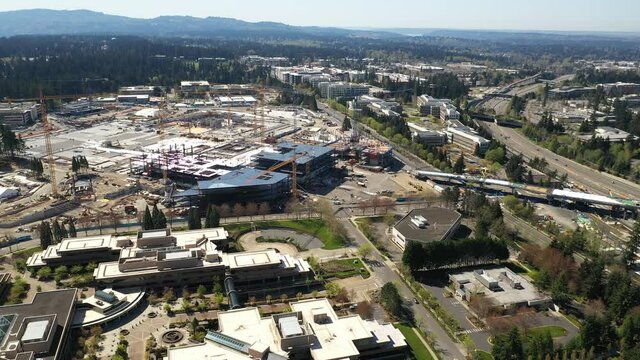 Cinematic Aerial Drone Shot, Construction Of The New Campus At The Microsoft Corporate Headquarters, Microsoft Commons, Microsoft Studio In Overlake And Redmond, Washington, Near Bellevue, Seattle