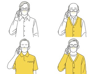 人物イラスト 男性 セット 正面 スマホ 話す シニア マスク