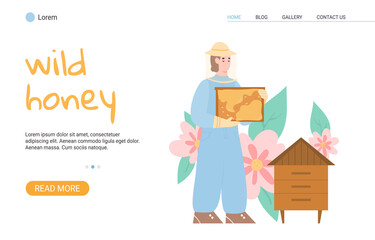 Beekeeper holding honeycomb near hive engage beekeeping a vector web banner.
