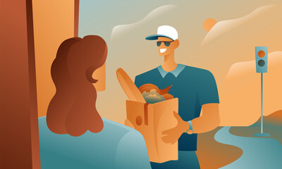 A man in a uniform delivers groceries to their homes, a woman takes an order against the background of the street. Vector illustration for supermarket flyers and brochures.