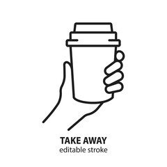 Hand holding paper cup with drink line icon. Take away concept. Editable stroke. - 430190121