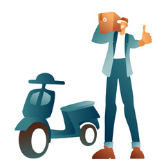 A courier in uniform and cap holds a box with delivery, an approving gesture, the best courier service. Fast delivery of ready meals and products to your home. A man with a parcel next to a scooter. 