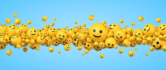 Many flying yellow balls in different sizes with smiling faces. Social media and communications concept vector background