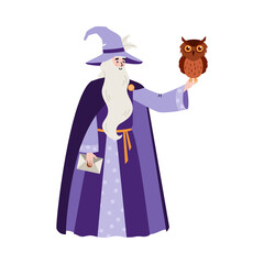 Fairy tale wizard or sorcerer with owl flat vector illustration isolated.