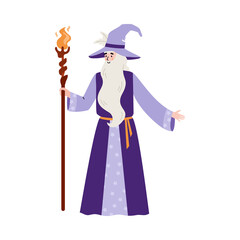 Wise wizard with beard hold magic staff with fire a flat vector illustration.