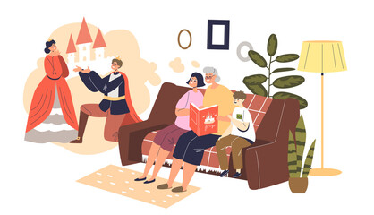 Reading to grandchildren: grandma with book telling fairy story to small boy and girl