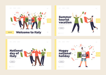 Welcome to Italy set of landing pages with people holding italian flags celebrate national holiday