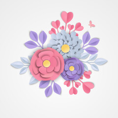 Illustration of paper art flowers. Graphic design for spring season. paper cut and craft style. vector, illustration.