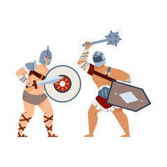 Fight of two gladiators or ancient warriors cartoon vector illustration isolated.
