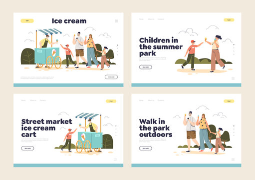 Family walk in summer park eating ice cream concept of set of template landing pages