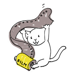 カメラのフィルムで遊ぶ猫の手描きイラスト