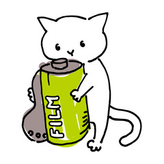 カメラのフィルムを持っている猫の手描きイラスト