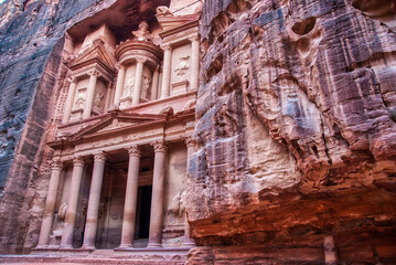 Detail of the facade of The treasury  (Al-Khazneh) in Petra