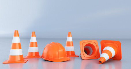under construction, with traffic cones, 3d render