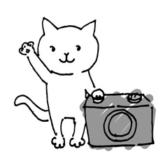 写真撮影をする猫とカメラの手描きイラスト