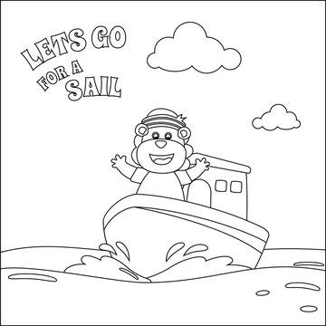 Cute lion the animal sailor on the boat with cartoon style. Creative vector Childish design for kids activity colouring book or page.