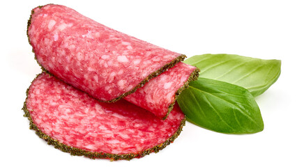 Salami sausage slices, isolated on white background. High resolution image