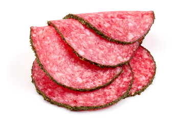 Salami sausage slices, isolated on white background. High resolution image