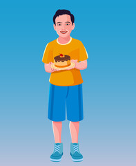 happy birthday. boy with cake. holding on hand. vector