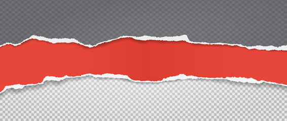 Torn, ripped dark grey and red paper strips with soft shadow are on squared background for text. Vector illustration