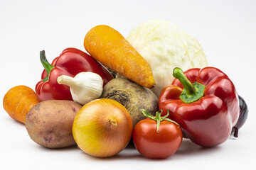 An assortment of vegetables close-up isolated on a white background.