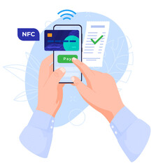 The concept of using a smartphone. Phone in hands. NFC payment for purchases. Vector illustration on a white background