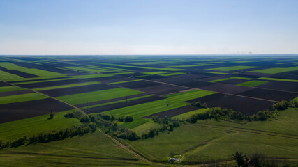 Abstract geometric shapes of agricultural parcels of different crops green colors. Aerial view shoot from drone directly above field