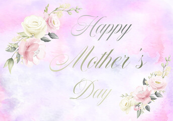 card or banner on Happy Mothers Day in gray with two garlands of pink and white flowers on each side on a pink and blue marbled background