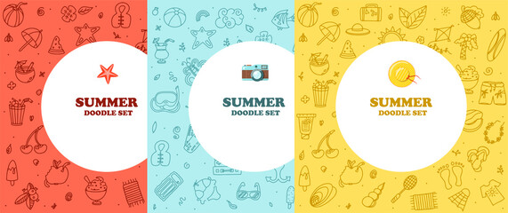 A Big vector doodle summer set. Hand draw accessories for beach holidays by the sea. Flat design Illustration for ads, web, flyers, and banners. Set of drawn by hand icons. Summer fruits, food