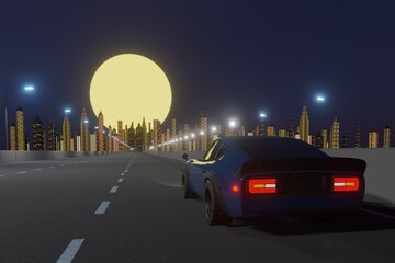 Fototapeta na wymiar Retro-futuristic 80s style drive with night city background. Moving car on a highway road. 3D illustration. 