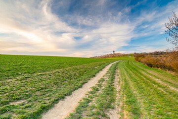 Lookout tower near Hustopece city, placed in blooming almond tree orchard. South Moravia region, Czech Republic. Spring weather during sunset.