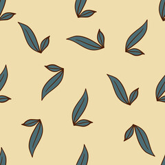 Fototapeta na wymiar Simple style seamless pattern with navy blue outline leaves elements print. Beige pastel background.
