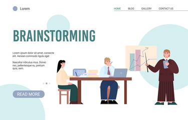 Website template with brainstorming creative team, flat vector illustration.