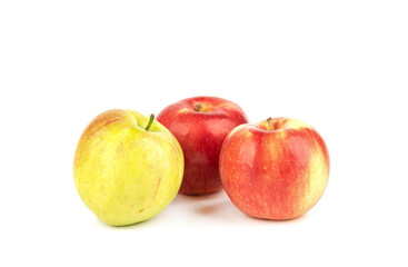 Ripe multi-colored apples on a white background.