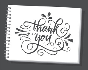Thank you hand lettering with flourish art on white background. Hand drawn phrase on sketchbook. Vector print illustration. 