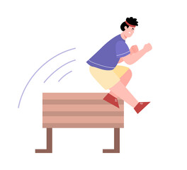 Man jumps over obstacle with effort, cartoon vector illustration isolated.