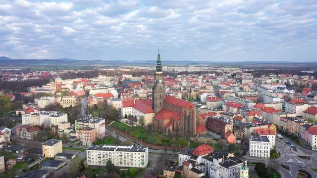 Swidnica, Poland. Aerial view of city with St. Stanislaus and St. Wenceslaus Cathedral
