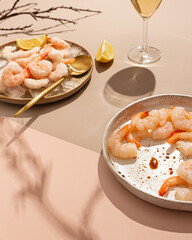 shrimp with soy sauce on a plate with hard light