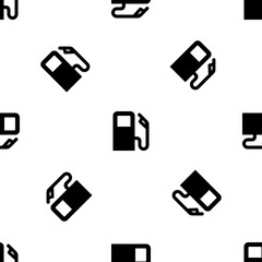 Seamless pattern of repeated black gas station symbols. Elements are evenly spaced and some are rotated. Vector illustration on white background