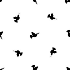 Fototapeta na wymiar Seamless pattern of repeated black dove of peace symbols. Elements are evenly spaced and some are rotated. Vector illustration on white background