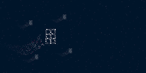 A office building symbol filled with dots flies through the stars leaving a trail behind. There are four small symbols around. Vector illustration on dark blue background with stars