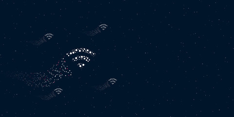 Fototapeta na wymiar A wifi symbol filled with dots flies through the stars leaving a trail behind. Four small symbols around. Empty space for text on the right. Vector illustration on dark blue background with stars