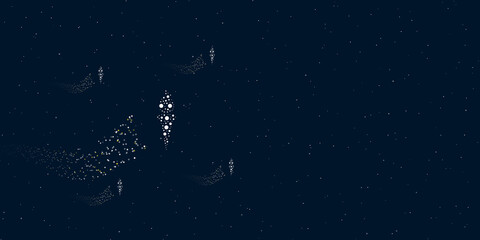 A torch symbol filled with dots flies through the stars leaving a trail behind. Four small symbols around. Empty space for text on the right. Vector illustration on dark blue background with stars